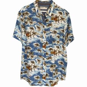 RETROFIT BRAND Hawaiian Button Up Shirt Sz Medium Short Sleeve Huts Palm Trees